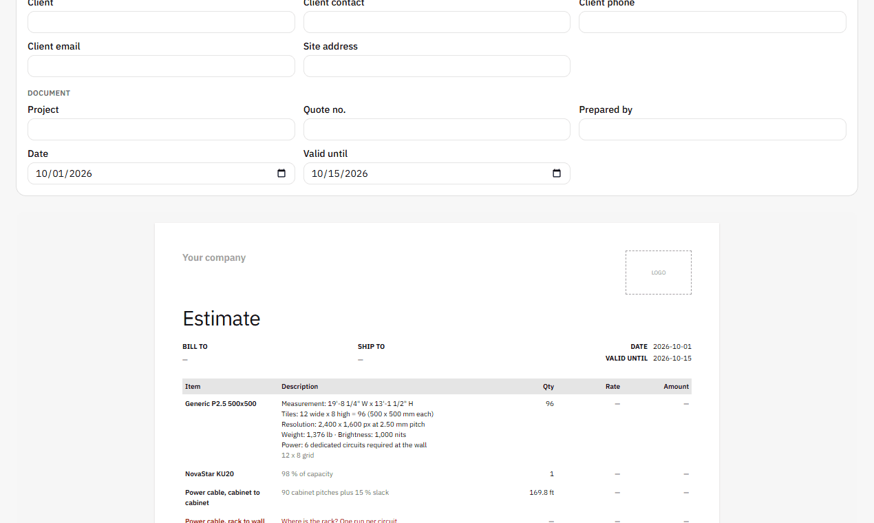 The Report tab with the client document and the export buttons