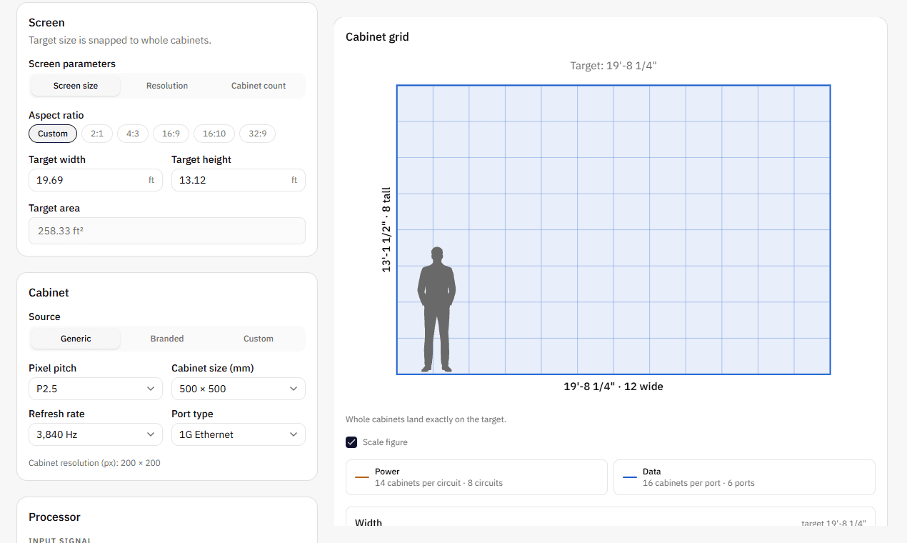 The Screen card with a target size, and the cabinet grid it snaps to